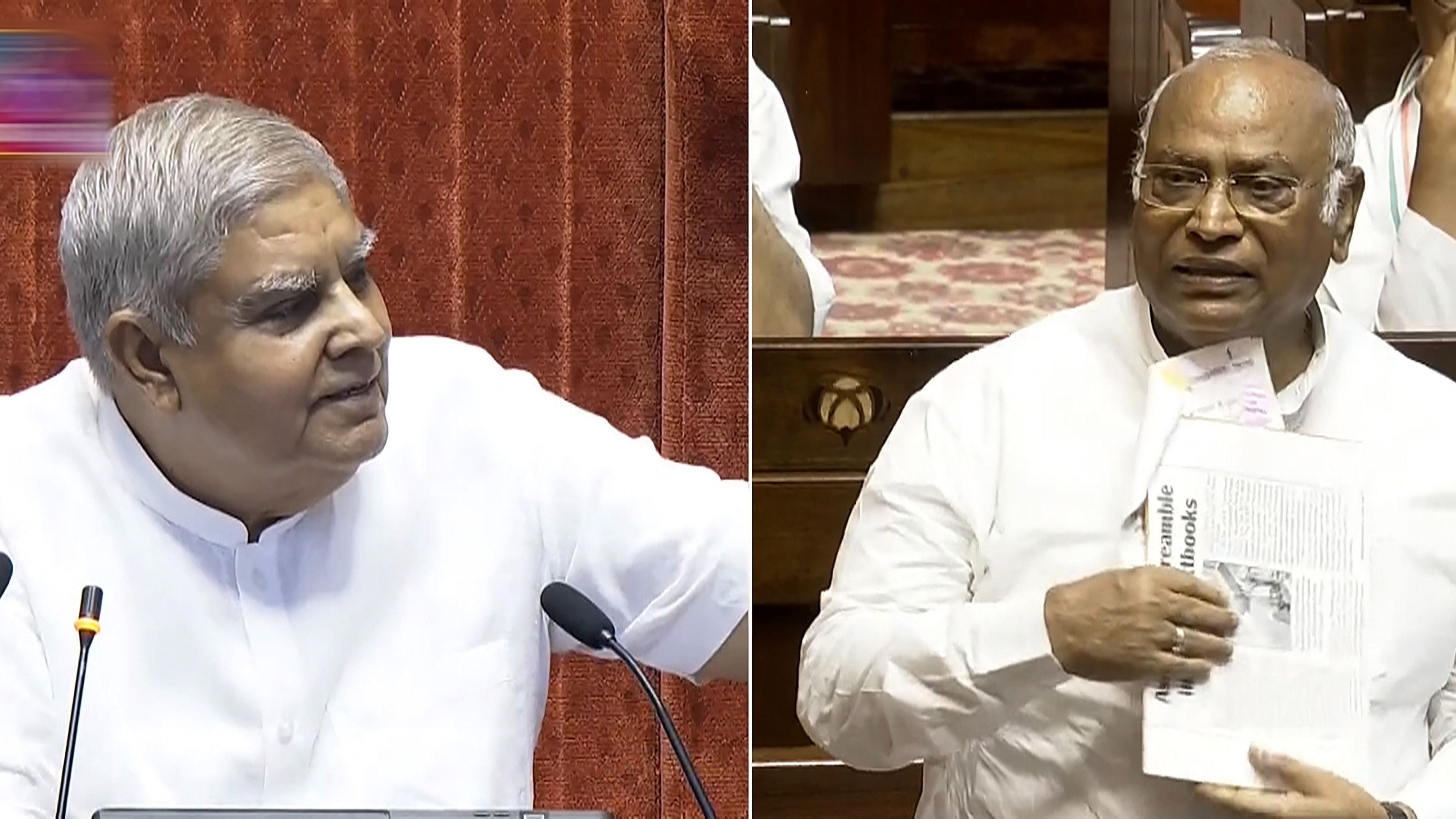 <div class="paragraphs"><p>Rajya Sabha Chairman Jagdeep Dhankhar conducts proceedings as Leader of Opposition Mallikarjun Kharge speaks in the house during the Monsoon session of Parliament, in New Delhi, Wednesday, Aug. 7, 2024.</p></div>